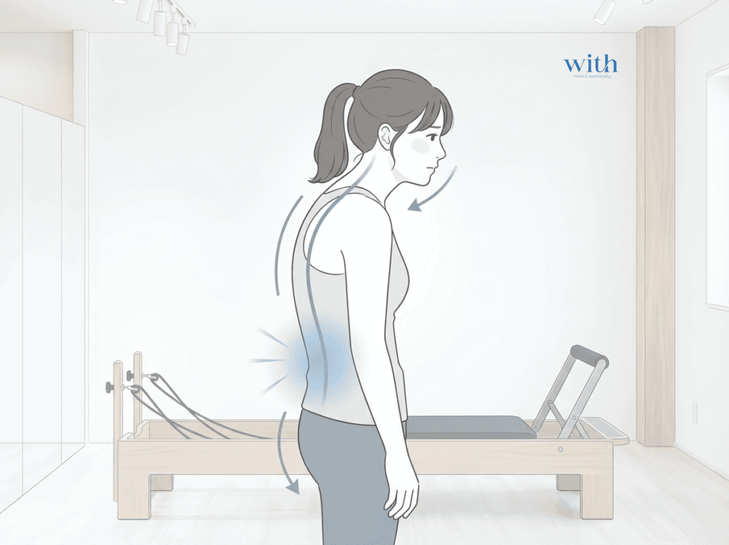 猫背姿勢と骨盤後傾による腰部への影響を示した図
