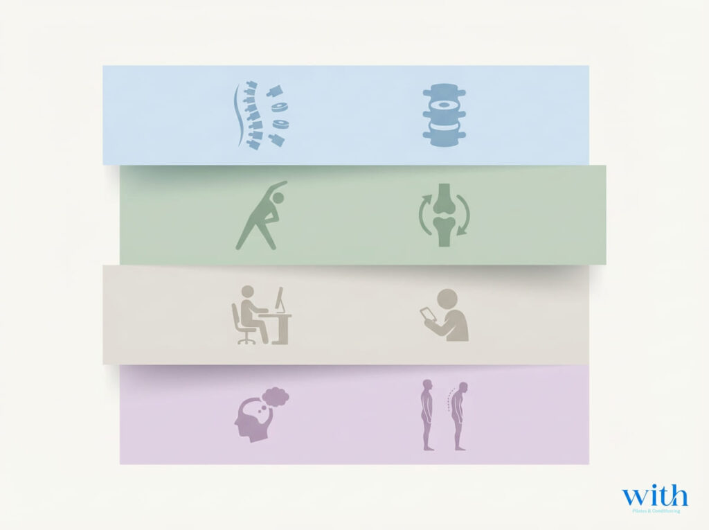 構造・機能・環境・認知の4層を示す分解図|ストレートネックの多層要因モデル