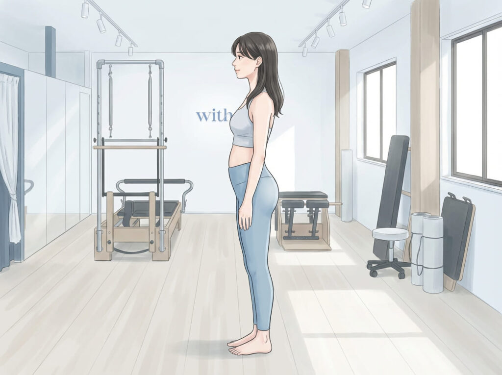 反り腰で骨盤が前傾している横向き立位姿勢