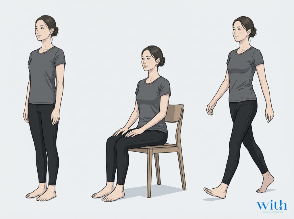 立つ歩く座るなど身体の使い方が姿勢に影響することを示す図