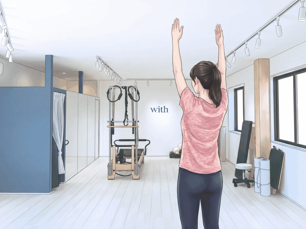 腕を上げたときの肩甲骨の動きと胸椎の可動性を確認するチェックイメージ