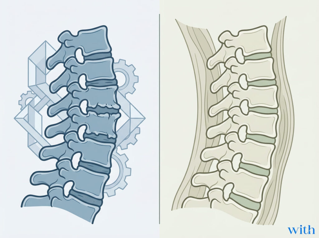 構造的弯曲減少と機能的弯曲減少の比較図|固定変形と機能低下の違いを示す模式図