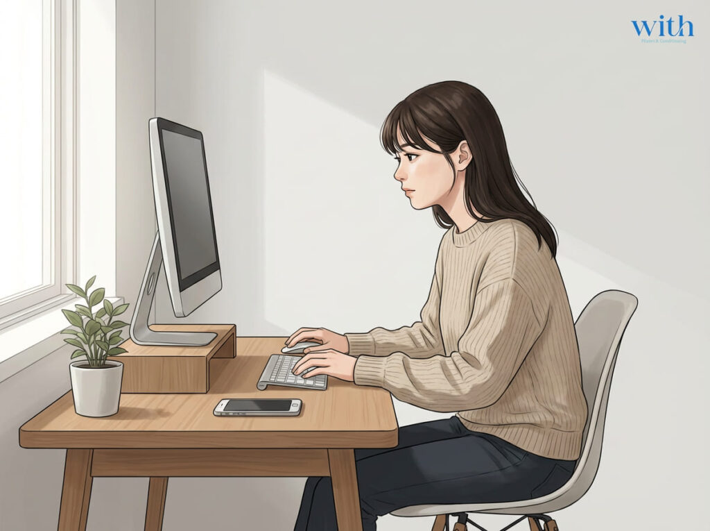 デスクワーク環境やスマートフォン使用が姿勢の悪化に影響する様子