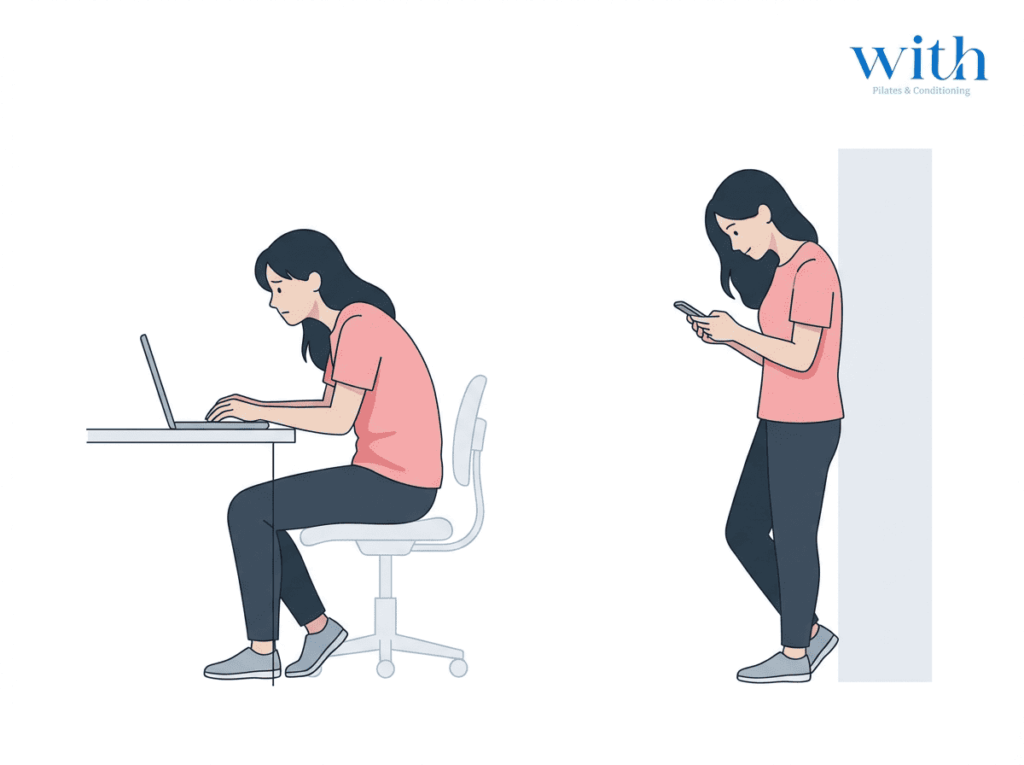 長時間のデスクワークによる猫背姿勢の例