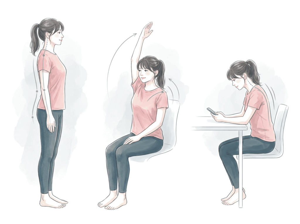 姿勢だけでなく動きや生活習慣も含めて総合的に評価する重要性を示すイメージ