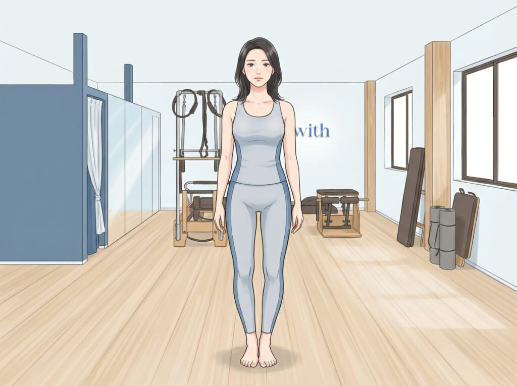 O脚で膝の間に隙間がある正面立位姿勢