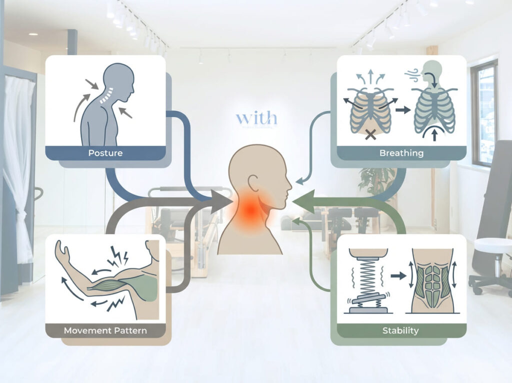 首の負担が増える複数の原因を整理した全体像の図