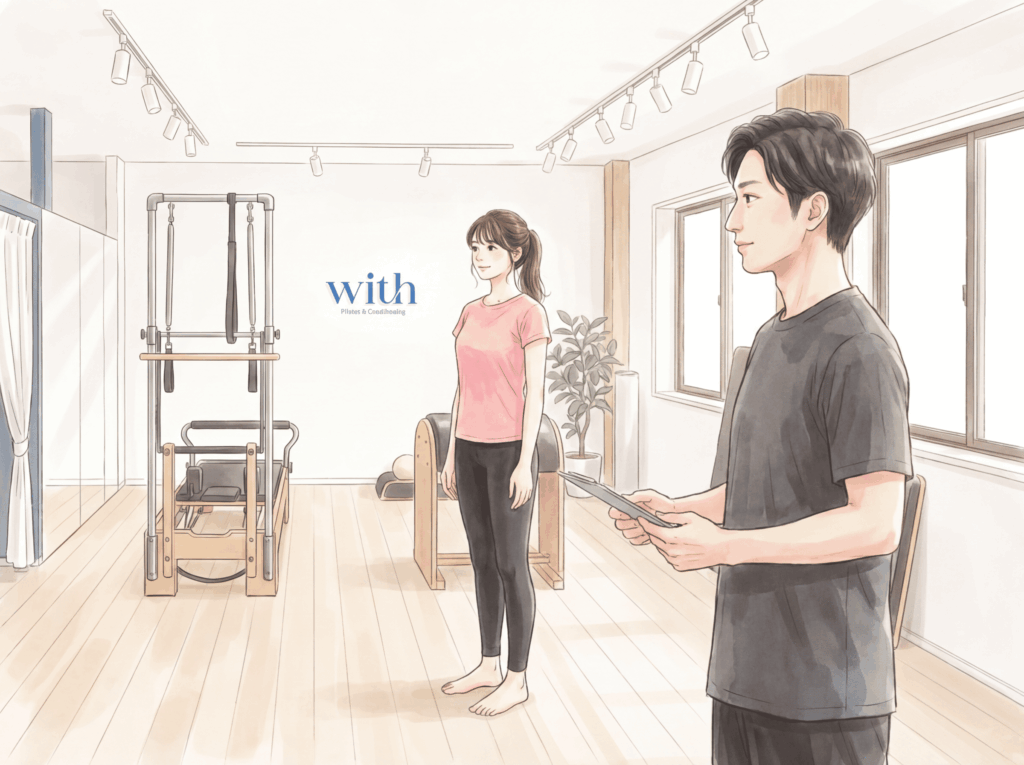 猫背改善の前に身体の状態評価が必要であることを示す説明イメージ