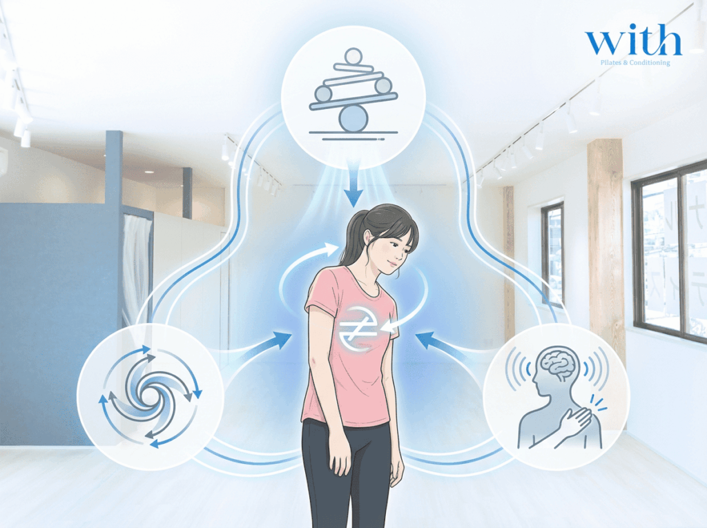 猫背改善に重要な身体の3要素を示した図