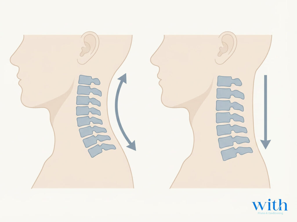 正常な頸椎カーブとストレートネックの比較図