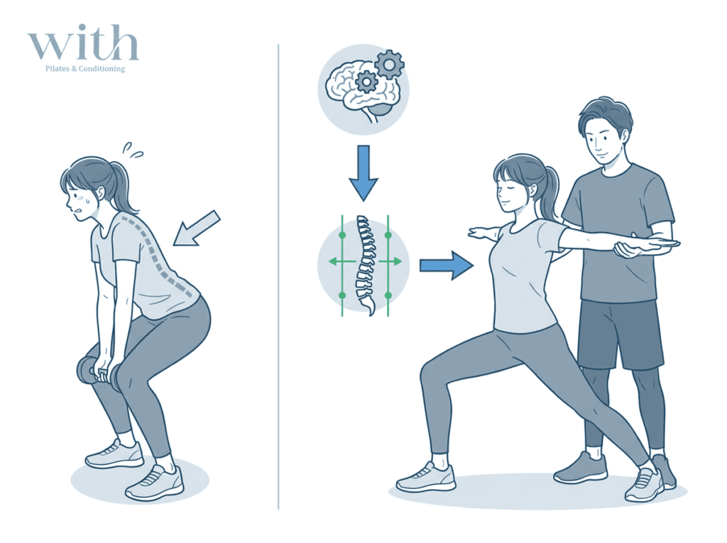 筋力トレーニングのみと原因整理後の改善イメージ比較図