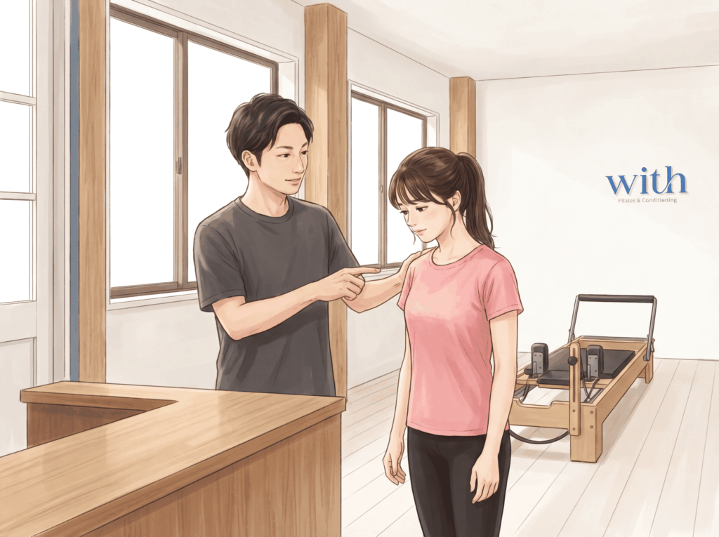 猫背改善を検討している人が専門家に相談しているイメージ