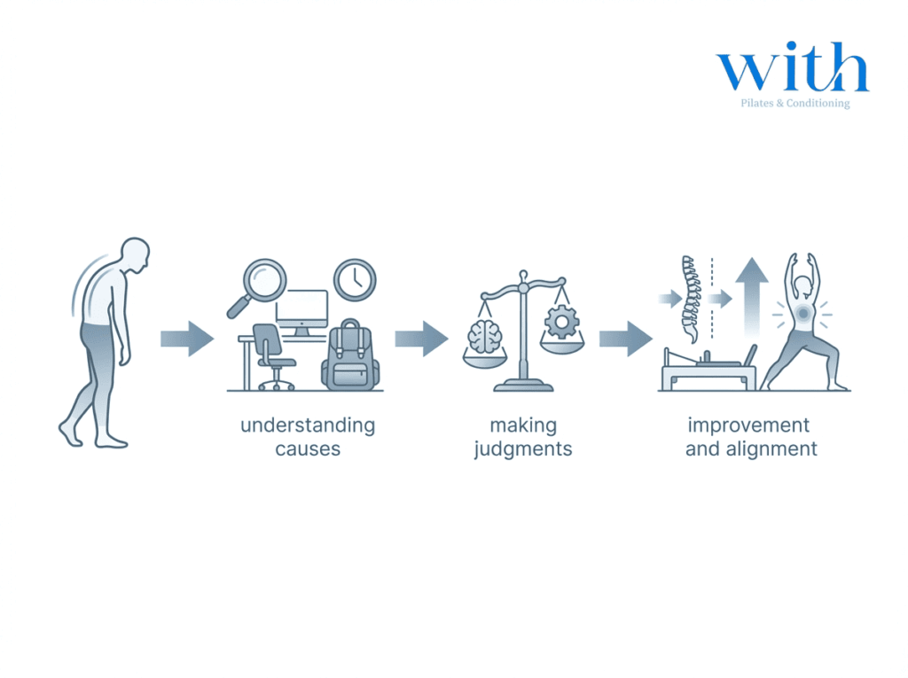 猫背改善の考え方|原因理解から始まる改善プロセス図