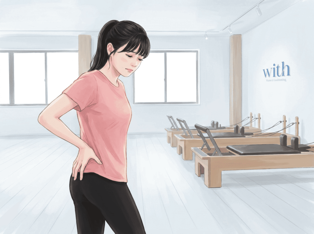 腰からお尻にかけて痛みを感じている人物のイメージ