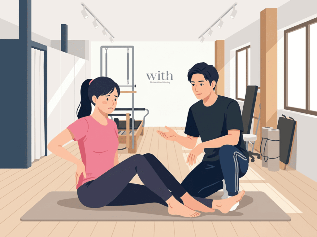 腰痛について悩みながら説明を受けている人物