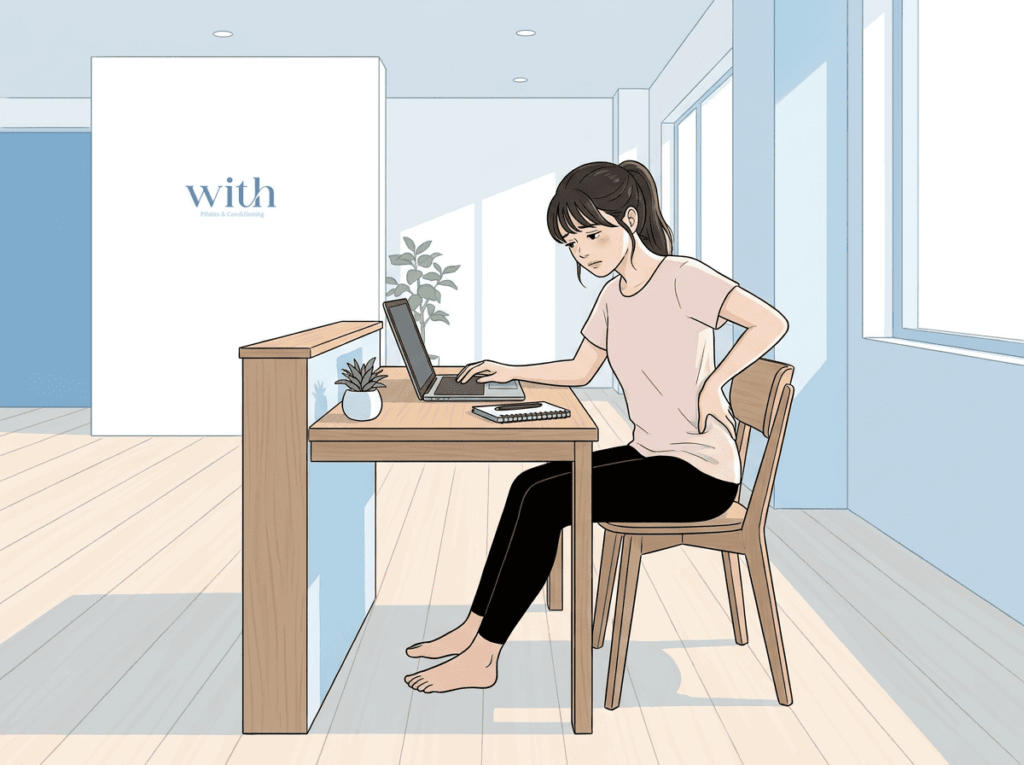 慢性的な腰痛に悩みながらデスクワークをしている人物
