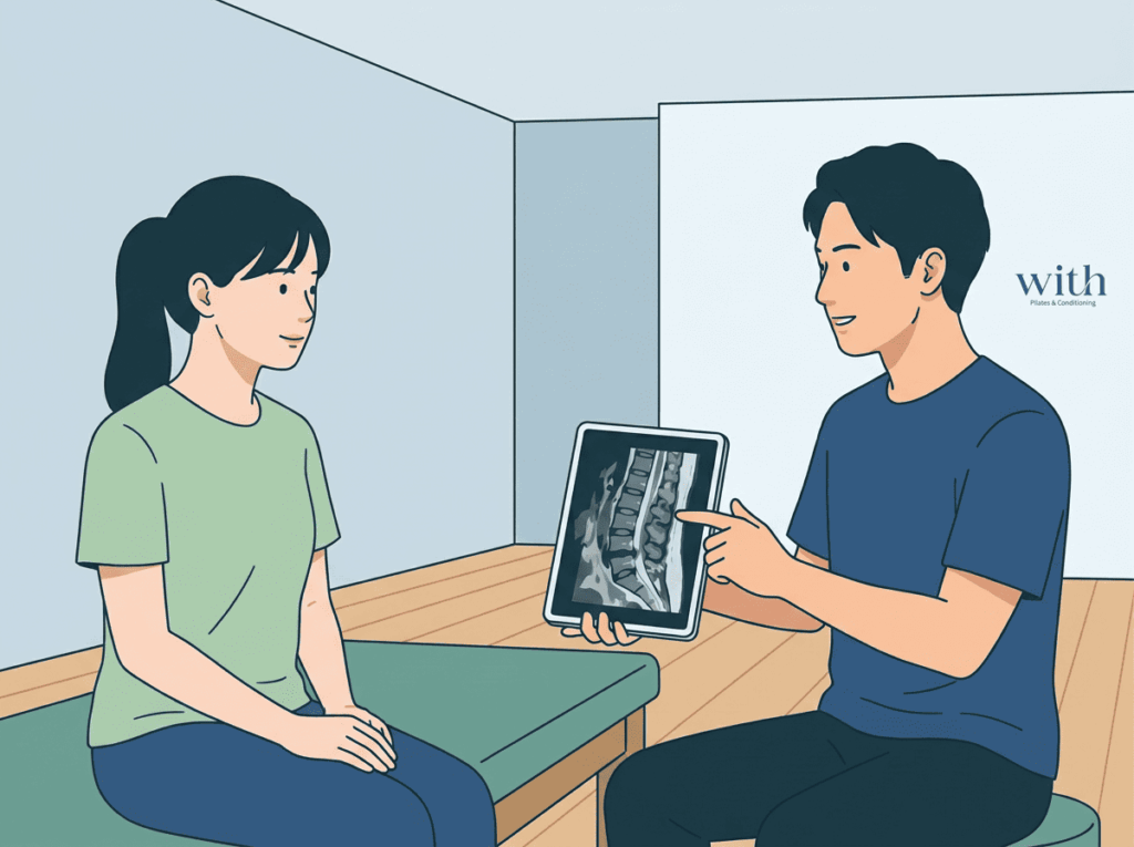 MRI画像を見ながら腰痛について相談している人物