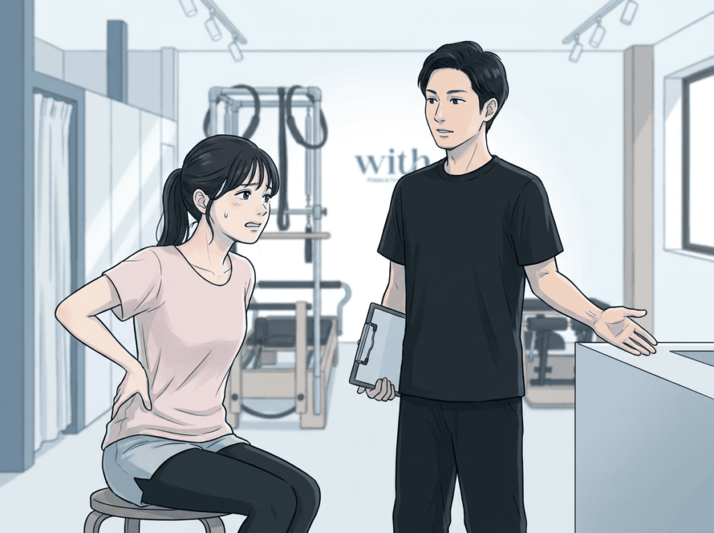 強い腰痛で不安そうに医療機関を受診する人物