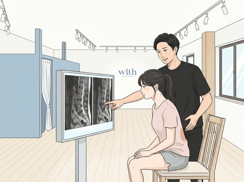 MRI画像を見ながら腰痛について説明を受ける人物