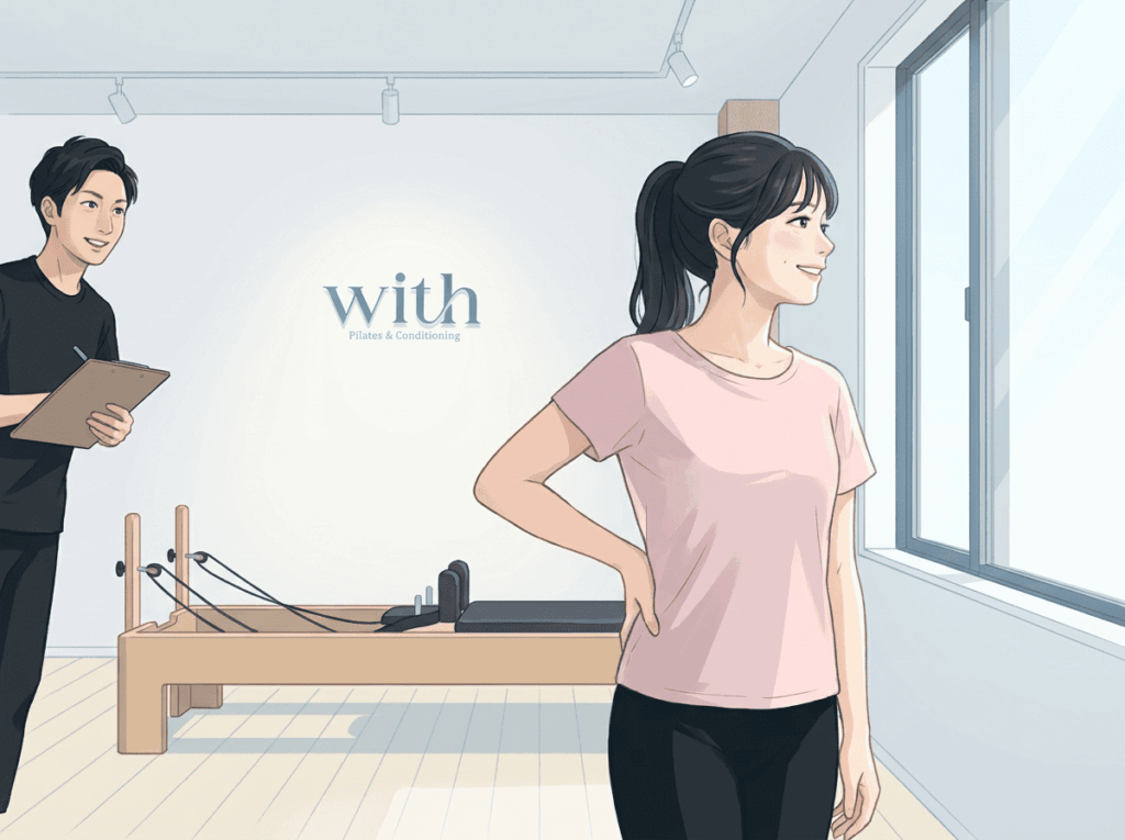 腰痛について整理し安心した表情を見せる人物