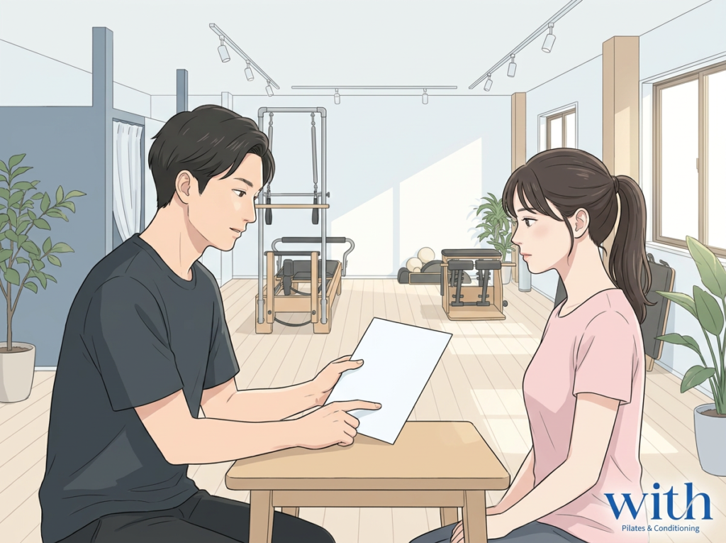 病歴を確認しながら腰痛について相談している場面