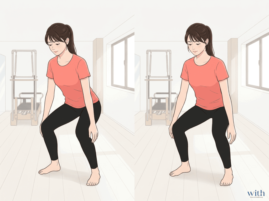 自然足位と正面足位で軽く膝を曲げて動きやすさを比べるセルフチェック
