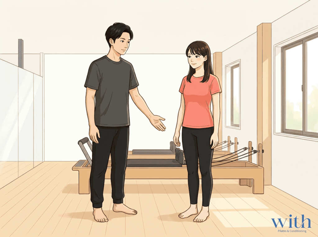 理学療法士が立位の足部と膝の方向を確認している様子